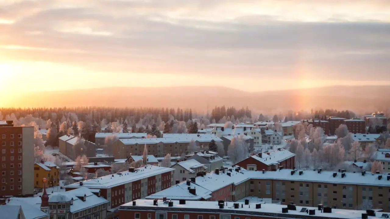 Vintermorgon i Boden, Sverige. Solen går upp över ett snötäckt landskap med hus och träd.