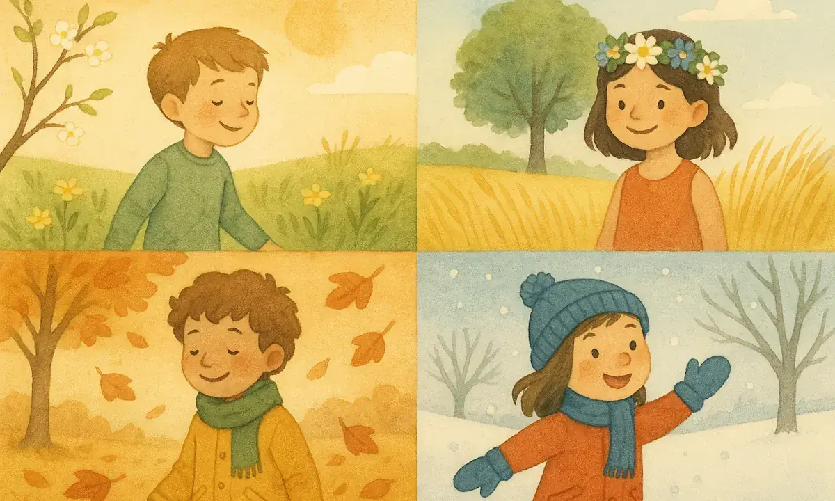 Barn njuter av Sveriges årstider: vårblommor, sommaräng, höstlöv och vintersnö.