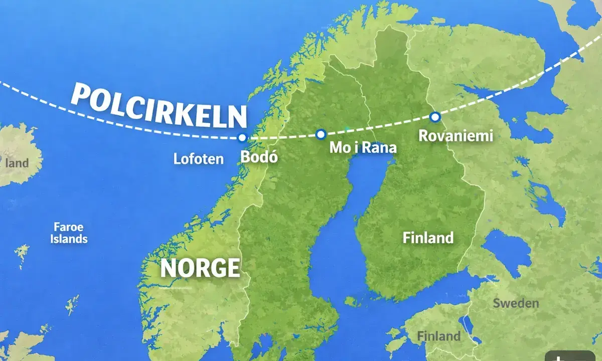 Karta över norra Europa som visar hur polcirkeln flyttar sig över Norge och Finland, med städer som Bodö och Rovaniemi markerade.