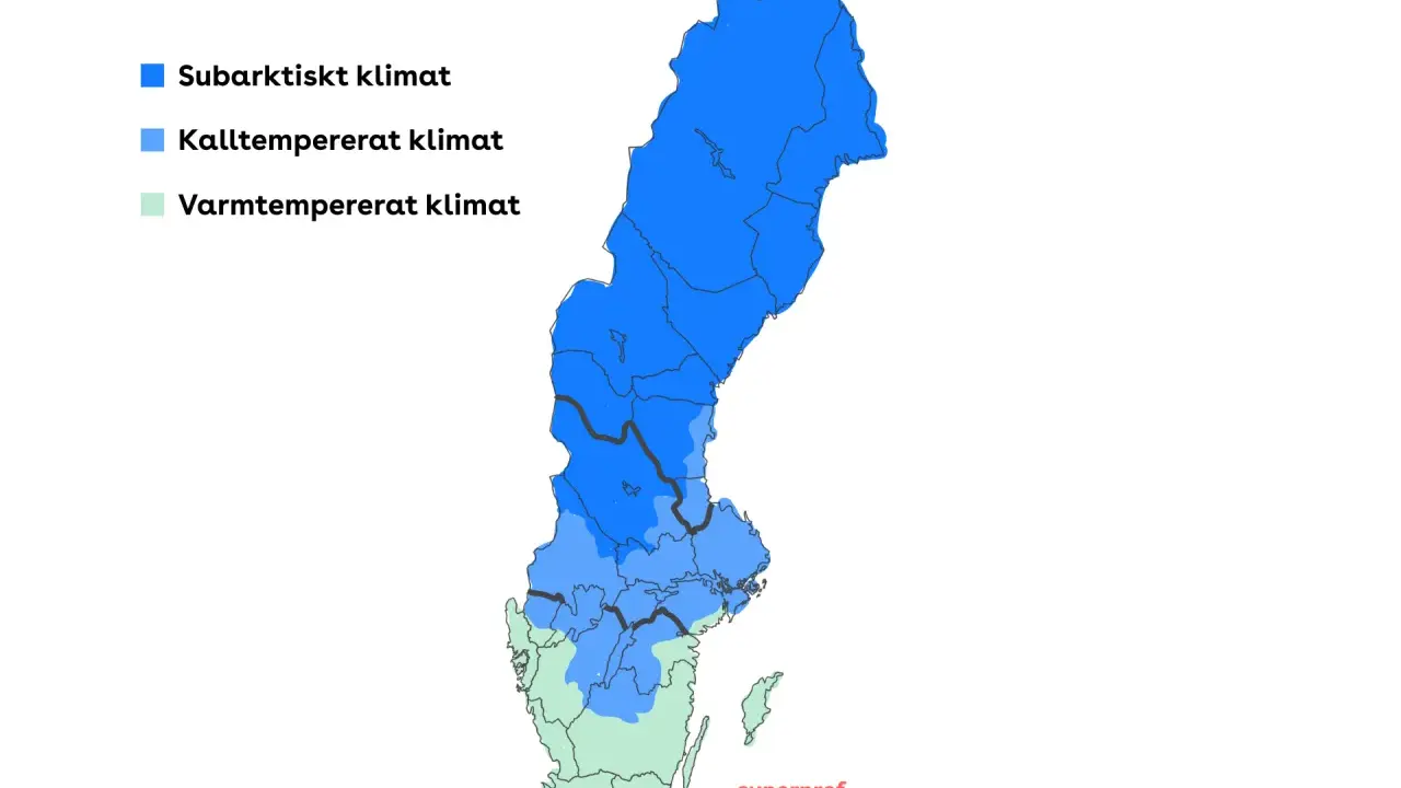 Karta över Sveriges klimat: subarktiskt, kalltempererat och varmtempererat. När våren börjar i Sverige beror på klimatzon.