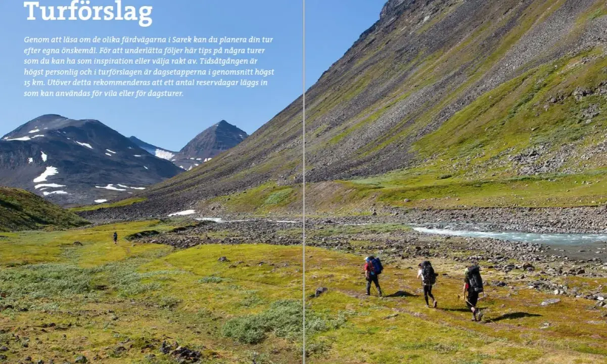 Vandrare med ryggsäckar rör sig genom ett grönskande landskap i Sarek nationalpark, med berg och en flod i bakgrunden.
