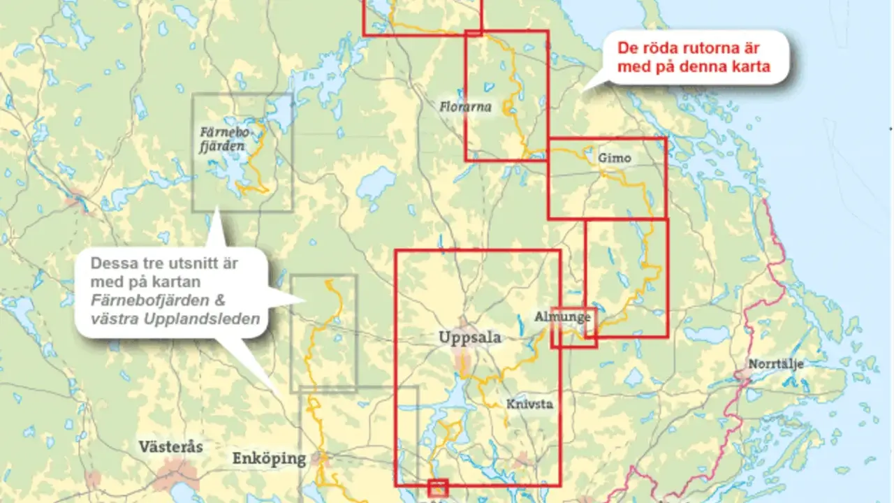 Karta över Upplandsleden med markerade områden kring Uppsala, Älvkarleby och Gimo. Röda rutor visar kartans utsnitt.