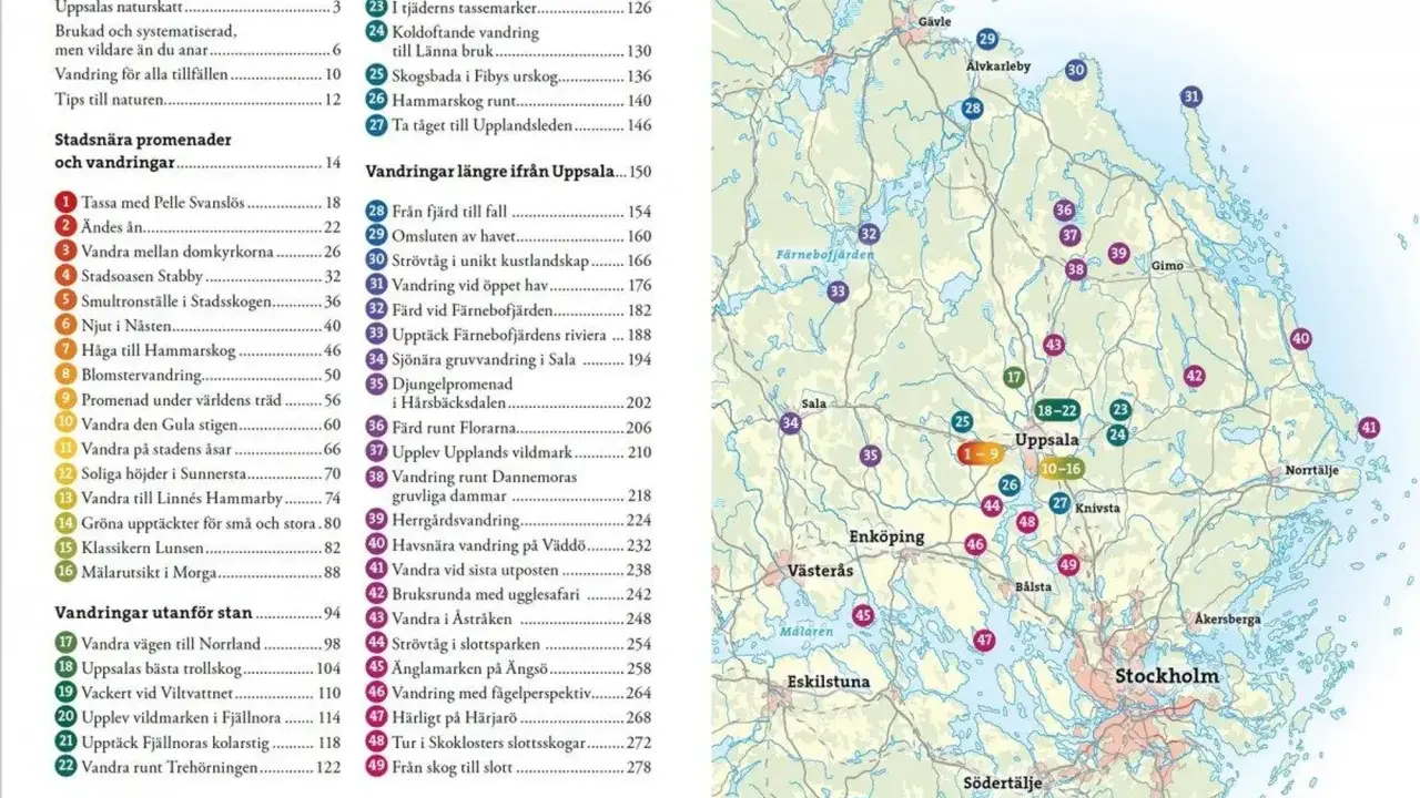 Karta över vandringsleder i Uppsala och omnejd. Här finns allt från stadsnära promenader till längre turer i vildmarken.