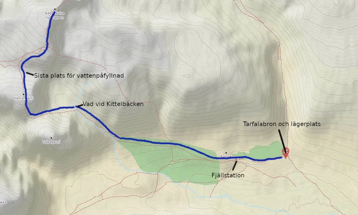 Kebnekaise karta visar vandringsled till Kebnekaise. Markeringar för vattenpåfyllnad, vad, fjällstation och lägerplats.