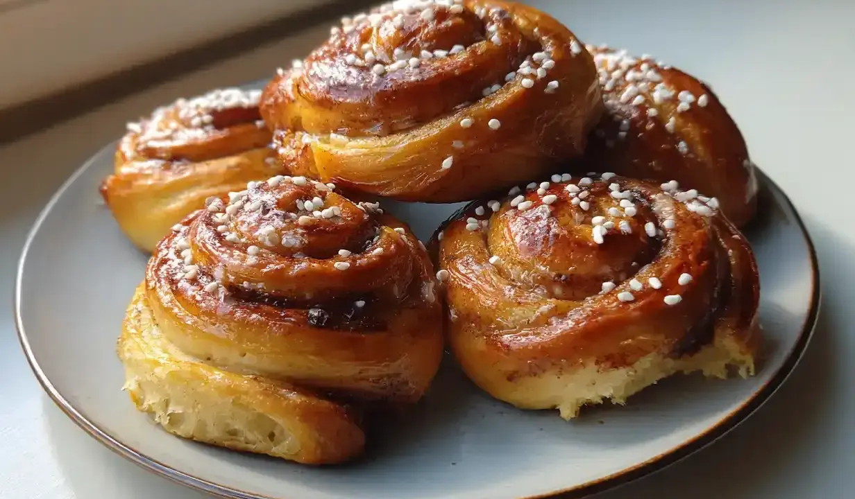 Färska kanelbullar med pärlsocker på en tallrik, perfekt för kanelbullens dag.