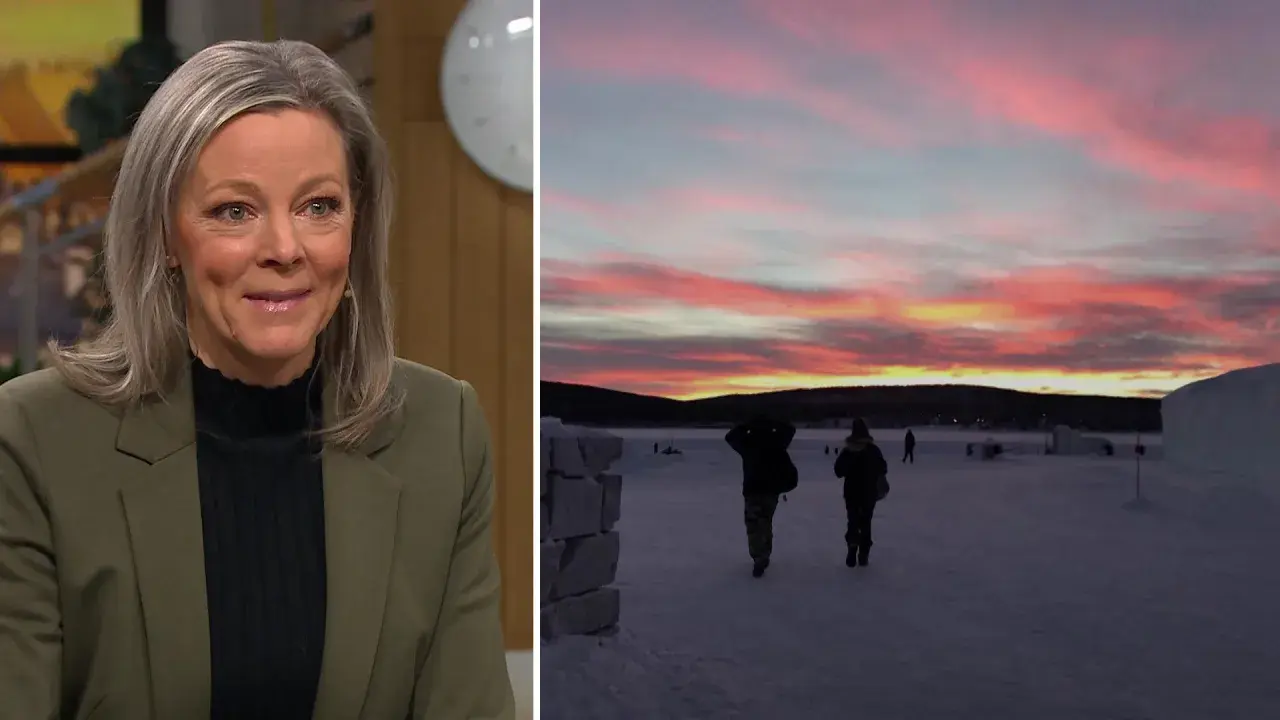 Kvinna ler. I bakgrunden en vacker solnedgång över snölandskap, en påminnelse om den svenska polarnatten.