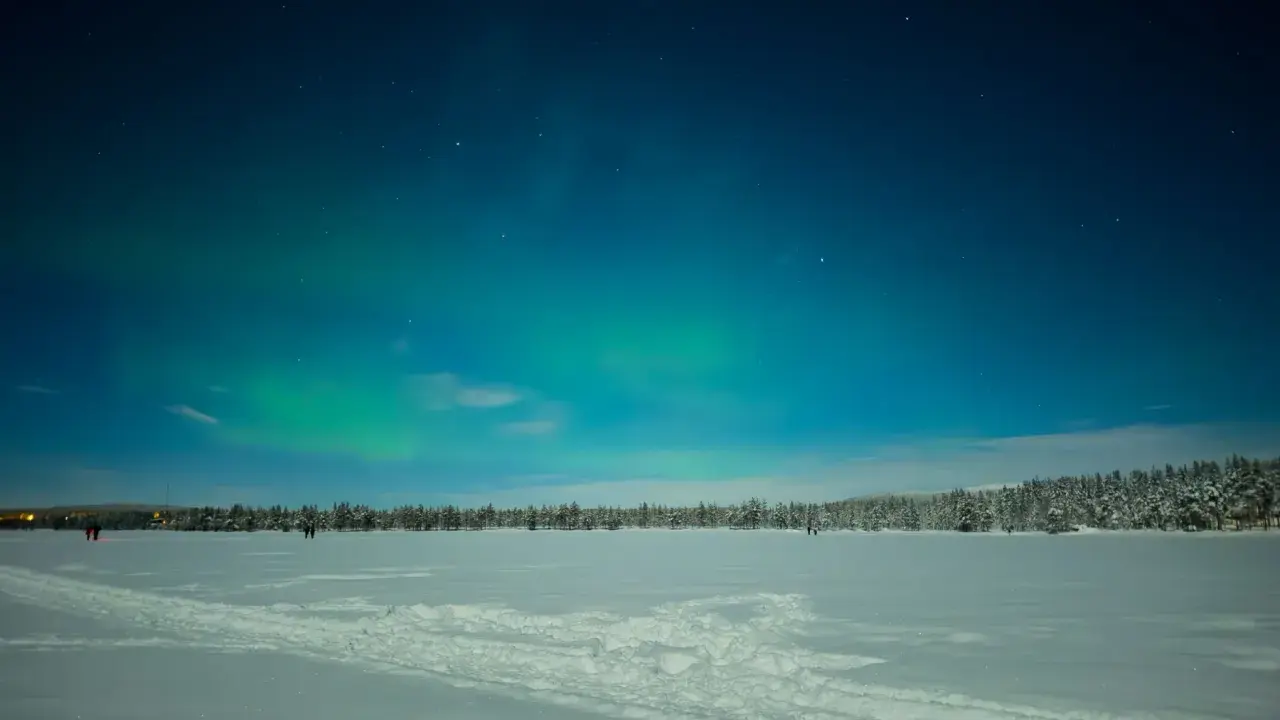 Norrsken dansar över ett fruset hav i Sverige. Snö och stjärnor lyser upp den kalla natten.