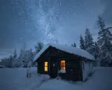 En snöig stuga under en stjärnklar himmel. Det är en perfekt kväll att fotografera vintergatan i Sverige.