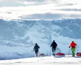 Tre skidåkare med slädar drar sig fram över snöfältet mot ett snötäckt berg. En fantastisk upplevelse att besöka Jokkmokk.