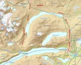 Karta över Jotunheimen vandringsleder visar stigar, sjöar som Bessvatnet och berg som Bessfjellet. Röda pilar markerar vandringsleder.