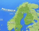 Karta över norra Europa som visar hur polcirkeln flyttar sig över Norge och Finland, med städer som Bodö och Rovaniemi markerade.