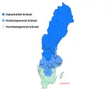Karta över Sveriges klimat: subarktiskt, kalltempererat och varmtempererat. När våren börjar i Sverige beror på klimatzon.