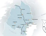 Karta över Swedish Lapland med flygplatser och orter. En rutt markerad visar besökarnas väg genom norra Sverige.