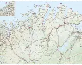 Detaljerad karta över Nordnorge med vägar, städer och fjäll. En inzoomad karta visar Senja och Kvaløya.