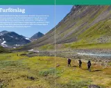 Vandrare med ryggsäckar rör sig genom ett grönskande landskap i Sarek nationalpark, med berg och en flod i bakgrunden.
