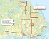 Karta över Upplandsleden med markerade områden kring Uppsala, Älvkarleby och Gimo. Röda rutor visar kartans utsnitt.