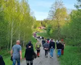En grupp människor på en nattvandring Kinnekulle, på en grusväg genom en lummig skog. En röd stuga syns i bakgrunden.
