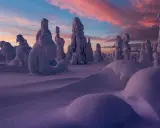 Vinter i Sverige: snötäckta träd formar surrealistiska skulpturer mot en rosa och blå gryningshimmel.