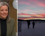 Kvinna ler. I bakgrunden en vacker solnedgång över snölandskap, en påminnelse om den svenska polarnatten.