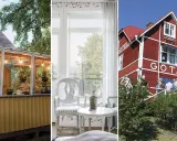 Gammaldags pensionat med växthus, elegant rum med utsikt och rött hus med texten "GÖTA".