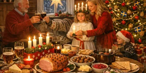 Familjen samlas kring julbordet för en mysig jul i Sverige. En stjärna lyser i fönstret, granen är klädd och ljusen tänds.