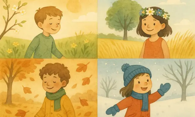 Barn njuter av Sveriges årstider: vårblommor, sommaräng, höstlöv och vintersnö.