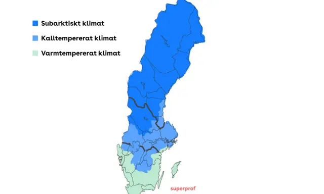 Karta över Sveriges klimat: subarktiskt, kalltempererat och varmtempererat. När våren börjar i Sverige beror på klimatzon.