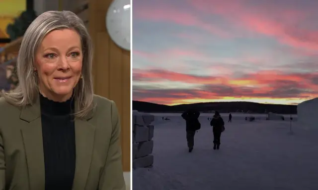 Kvinna ler. I bakgrunden en vacker solnedgång över snölandskap, en påminnelse om den svenska polarnatten.