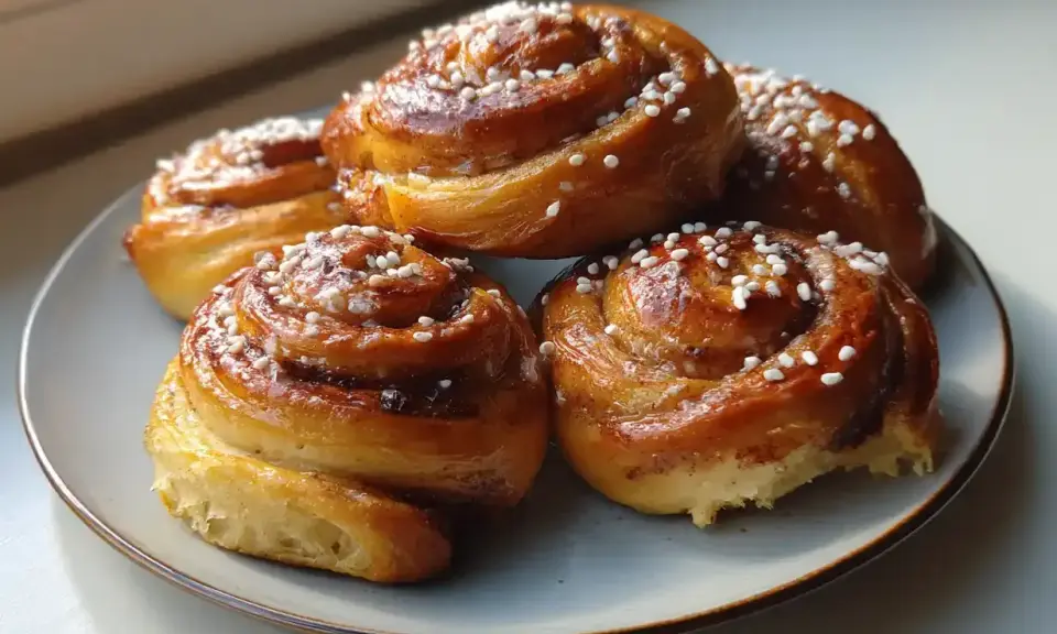 Färska kanelbullar med pärlsocker på en tallrik, perfekt för kanelbullens dag.