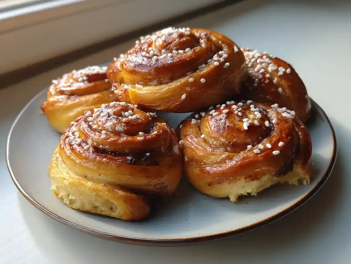 Färska kanelbullar med pärlsocker på en tallrik, perfekt för kanelbullens dag.