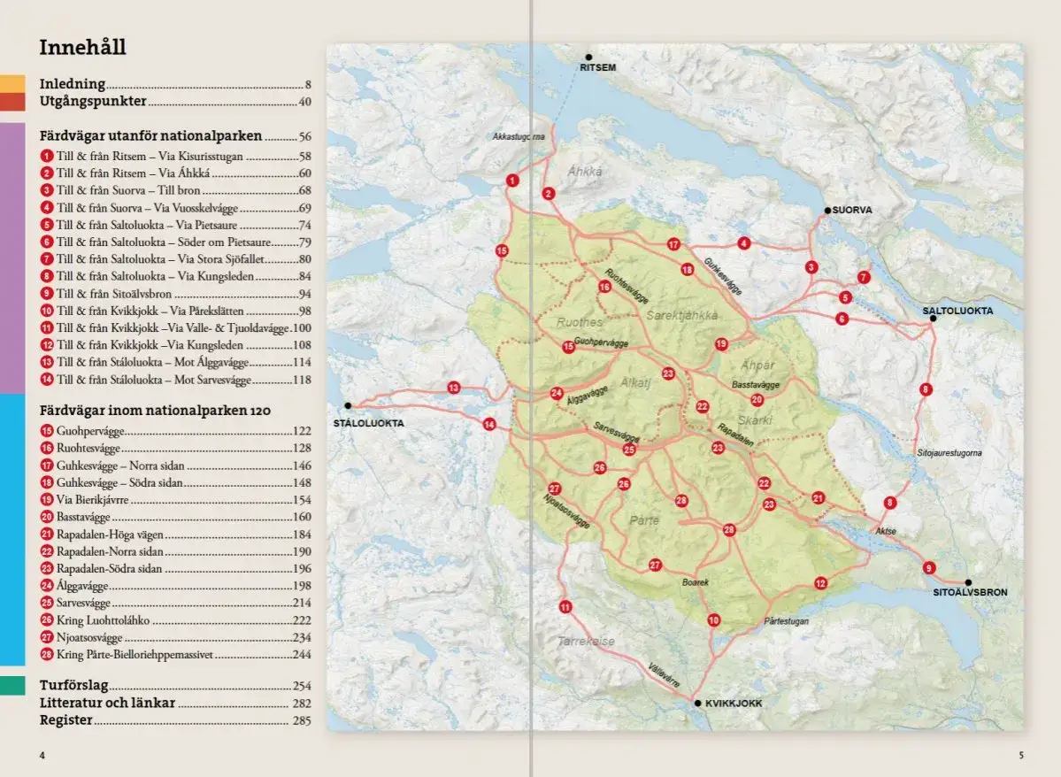 Karta över vandringsleder i Sarek nationalpark med numrerade rutter och platser som Ritsem, Saltoluokta och Kvikkjokk.