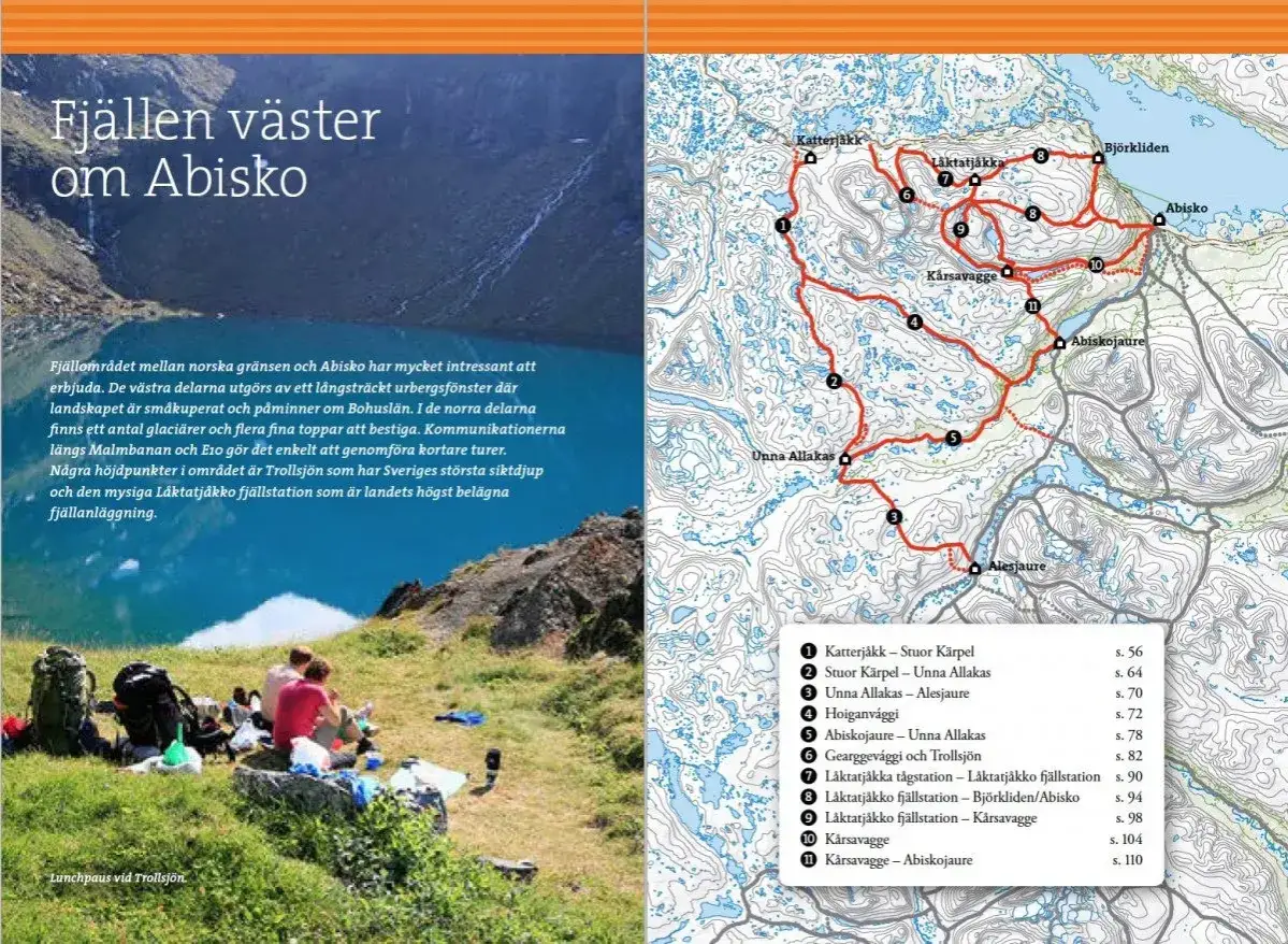 Detaljerad vandringskarta över Abiskoområdet med leder och platser markerade. En kebnekaise karta som visar vandringsleder.