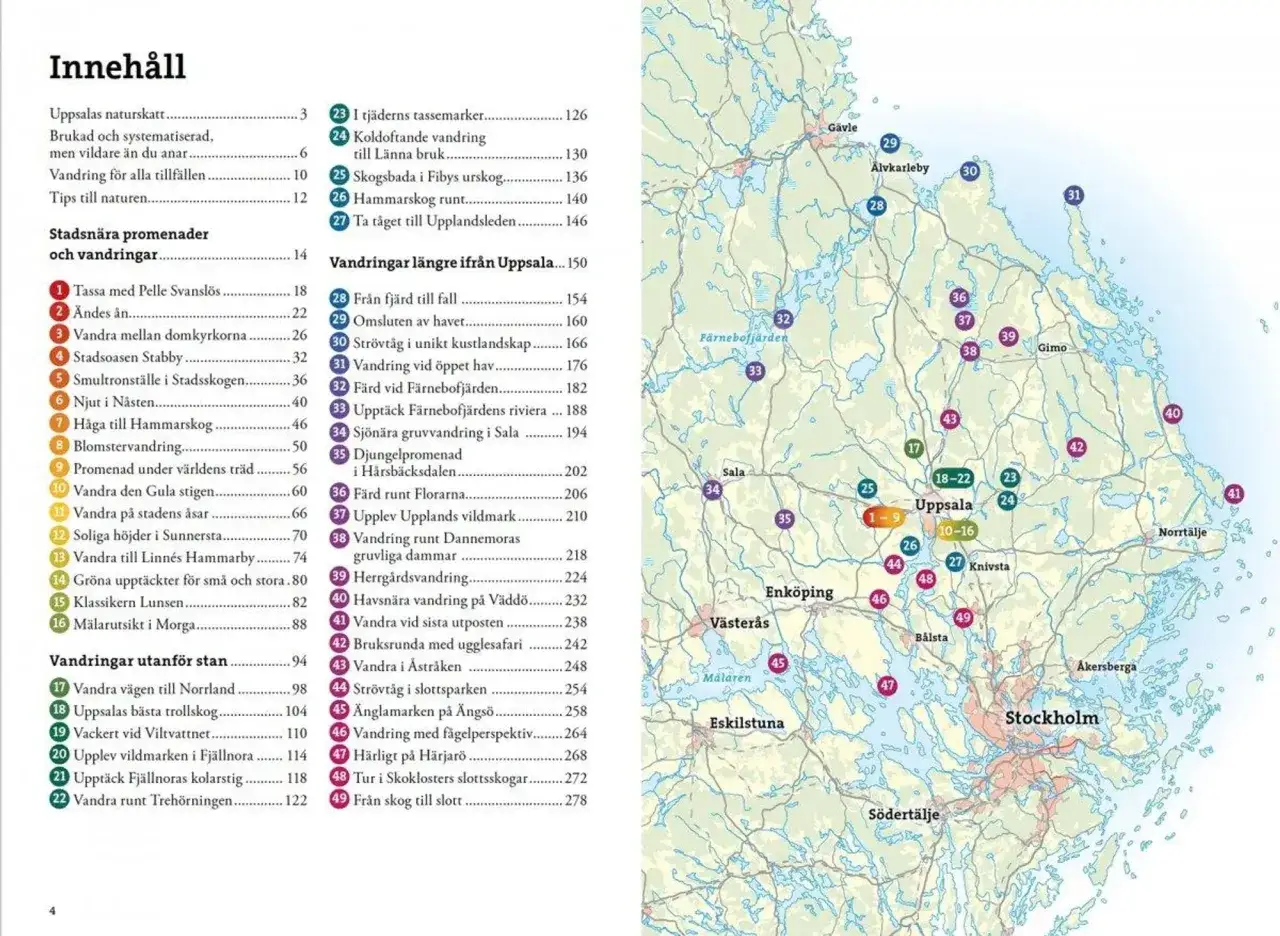 Karta över vandringsleder i Uppsala och omgivningar. Innehåller både stadsnära promenader och längre turer.
