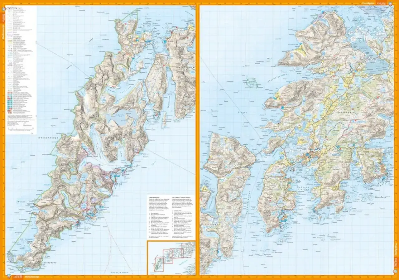 Karta som visar var ligger Lofoten, med berg, fjordar och vägar.