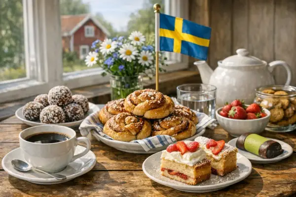 En härlig fika med kanelbullar, jordgubbstårta, chokladbollar och en kopp svenskt kaffe. En svensk flagga vajar i bakgrunden.