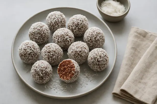 En tallrik med chokladbollar rullade i kokosflingor. Ett enkelt chokladbollar recept som passar alla.